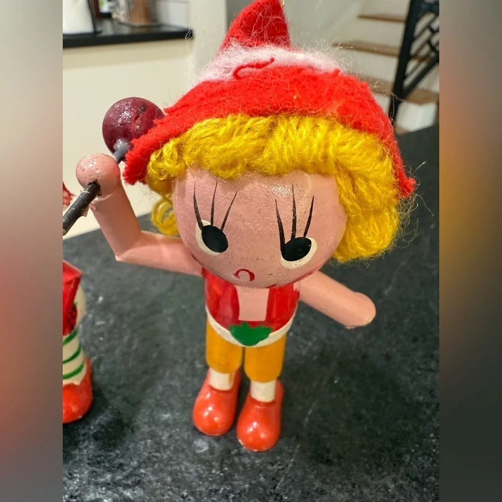 3 Vintage Wooden Doll Holiday Christmas Ornaments Made‎ in Taiwan